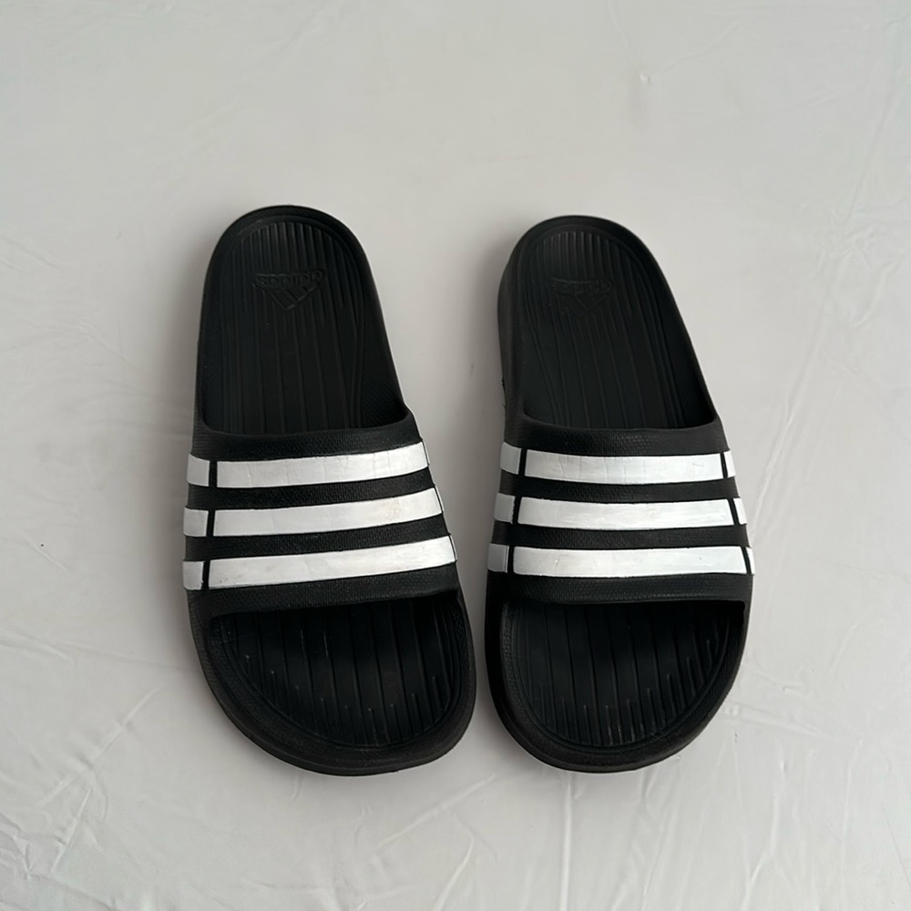 Adidas Adilette Aqua black and white three stripe slip-on slides